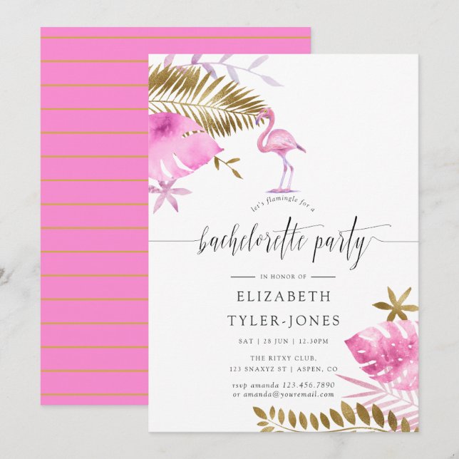Invitation Flamant rose Tropical Rose et Or Bachelorette Part (Devant / Derrière)