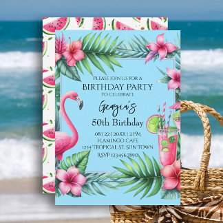Invitation Flamant rose tropical Watermelon fête d'anniversai