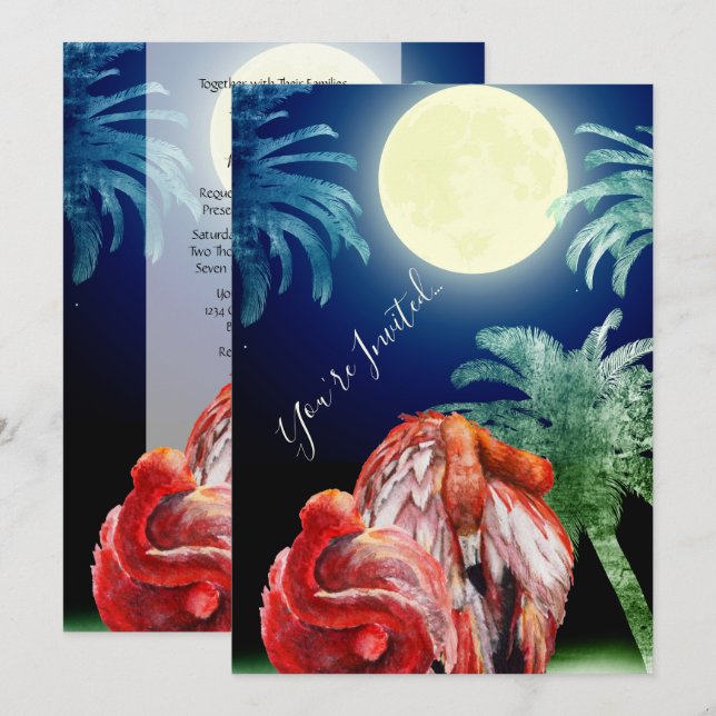 Invitation Flamants roses de couchage et mariage lune tropica (Devant / Derrière)