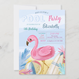 Invitation Flamants roses de fête de la piscine fête d'annive