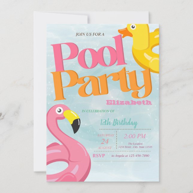 Invitation Flamants roses de la piscine cool Fête d'été (Devant)