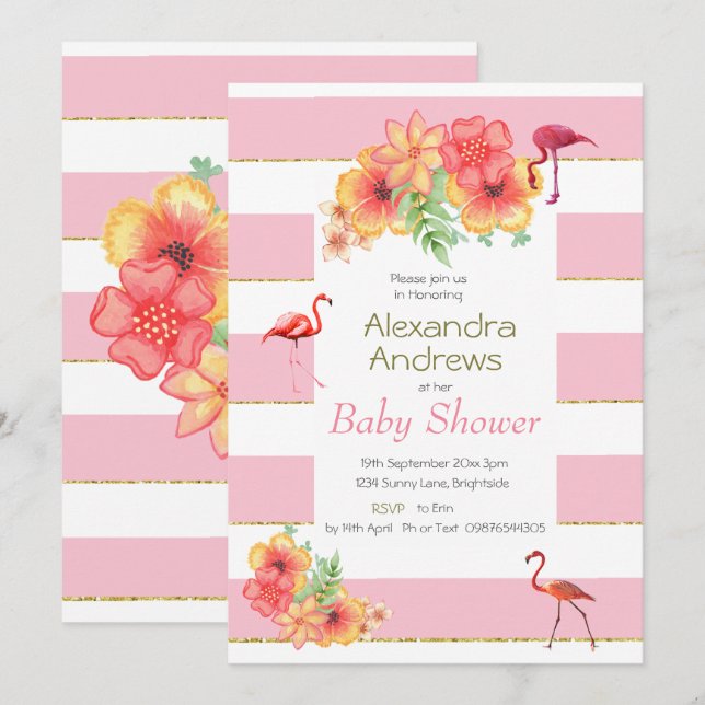Invitation Flamants roses et Baby shower en bande rose (Devant / Derrière)