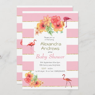 Invitation Flamants roses et Baby shower en rayures roses