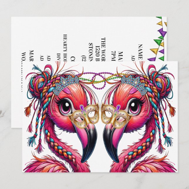 Invitation Flamants roses Flaunty précieux (Devant / Derrière)