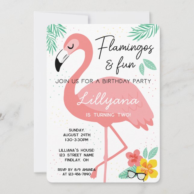 Invitation Flamants roses & Fun Tropical Birthday Party, n'im (Devant)