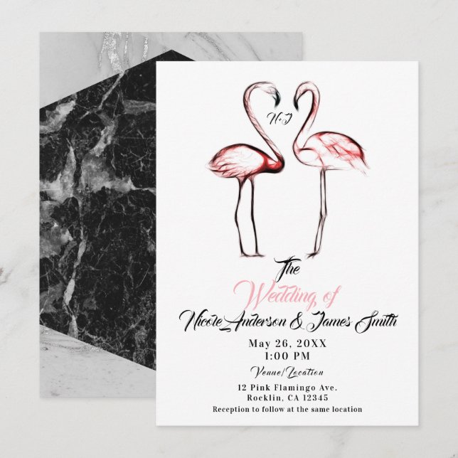Invitation Flamants roses rose Peach Flamant rose Marbre noir (Devant / Derrière)