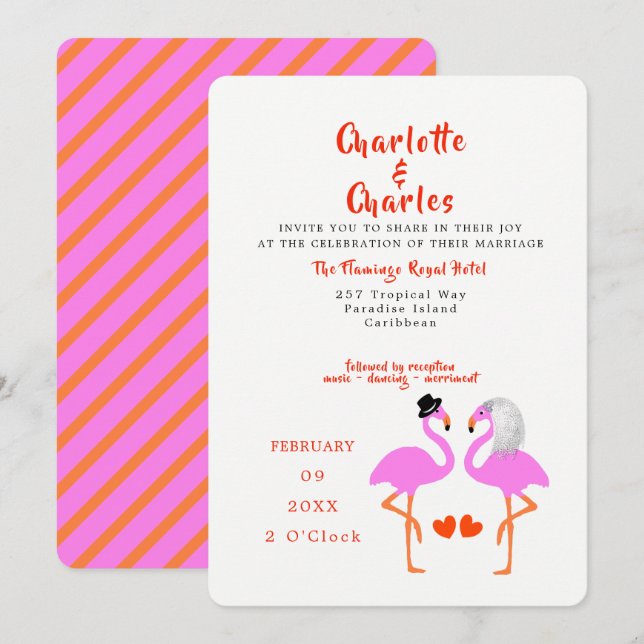 Invitation Flamants roses rose tropicale Amusants Mariage mod (Devant / Derrière)