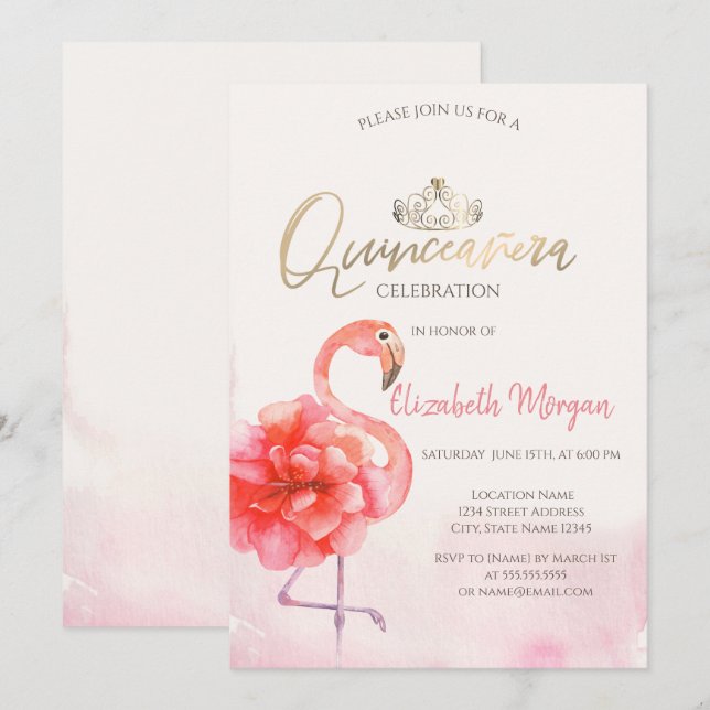 Invitation Flamants roses roses floraux Gold Tiara Quinceañer (Devant / Derrière)