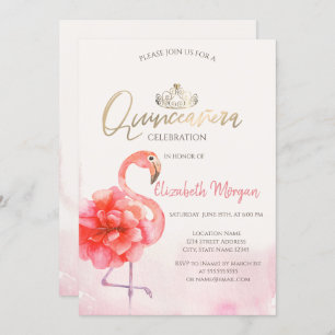 Invitation Flamants roses roses floraux Gold Tiara Quinceañer