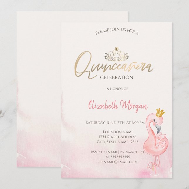 Invitation Flamants roses roses Gold Tiara Quinceañera (Devant / Derrière)