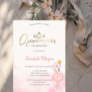 Invitation Flamants roses roses Gold Tiara Quinceañera