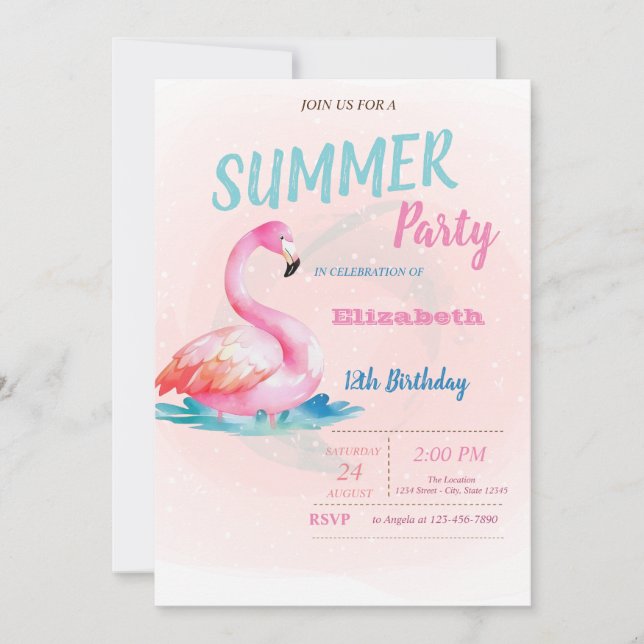 Invitation Flamants roses roses mignons Fête d'été (Devant)