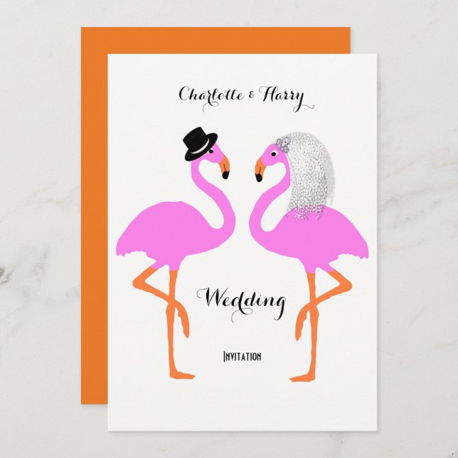 Invitation Flamants roses roses mignons Mariage de mariée et  (Devant / Derrière)