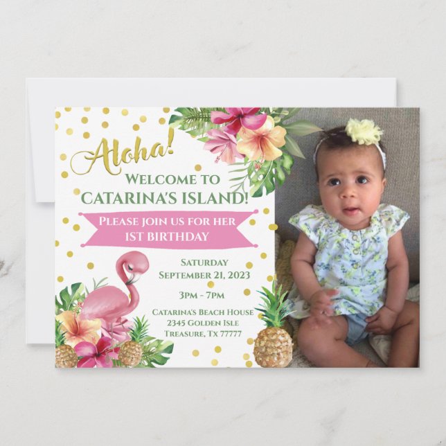 Invitation Flamants roses roses tropicaux Photo Anniversaire (Devant)