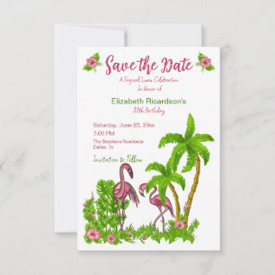 Invitation Flamants roses tropicaux et fleurs sauvent la date