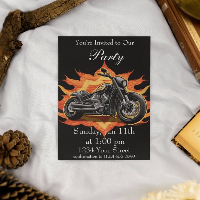 Invitation Flames de moto orange et rouge attend la fête! (Créateur téléchargé)