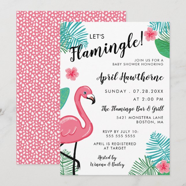 Invitation Flamingle ! Baby shower tropical blanc rose (Devant / Derrière)