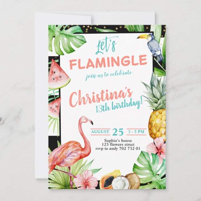 Invitation Flamingle Fête Anniversaire Flamant rose rose (Devant)