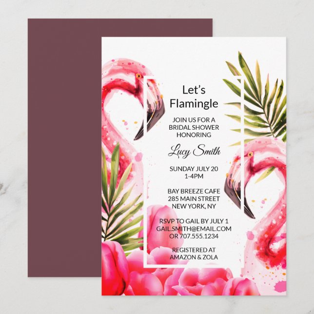 Invitation Flamingle Fête des mariées | Flamants roses (Devant / Derrière)
