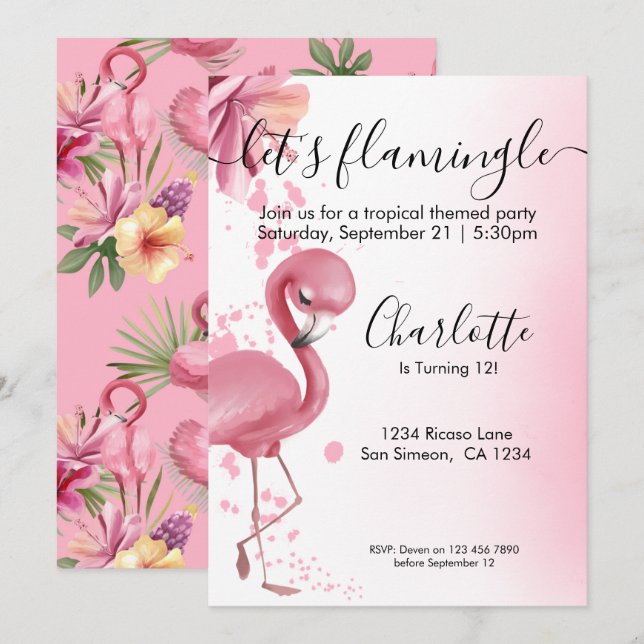 Invitation Flamingle Flamant rose Tropical Rose Anniversaire (Devant / Derrière)