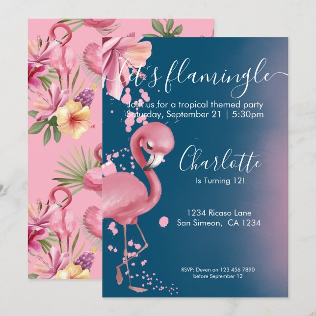 Invitation Flamingle Flamant rose Tropical Rose Anniversaire (Devant / Derrière)
