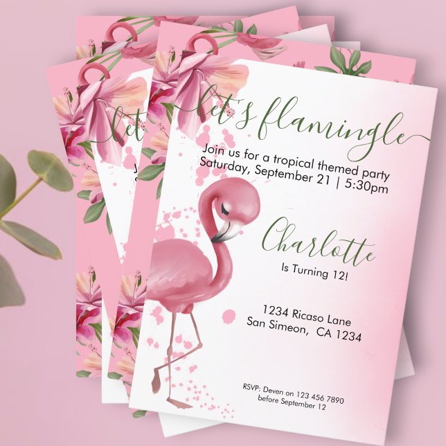 Invitation Flamingle Flamant rose Tropical Rose Anniversaire (Créateur téléchargé)