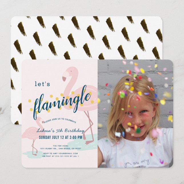 Invitation Flamingle Framingo Pink Photo Girl Anniversaire (Devant / Derrière)