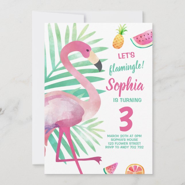 Invitation Flamingle Girl Flamant rose Birthday Pool Party (Devant)