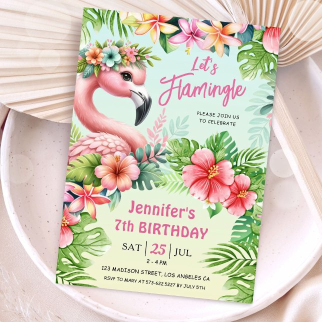 Invitation Flamingle Girls Pink Flamant rose 7e anniversaire (Créateur téléchargé)