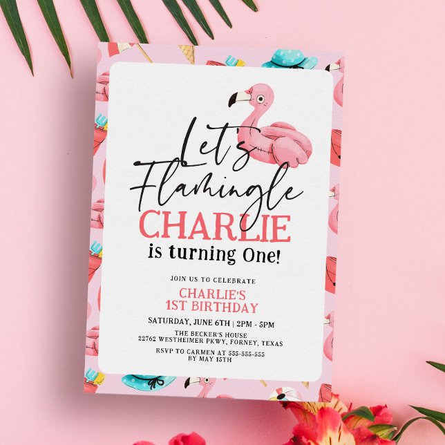 Invitation Flamingle rose Flamant rose fille 1er anniversaire (Créateur téléchargé)