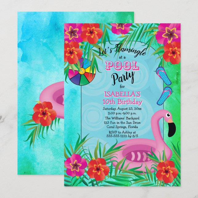 Invitation Flamingle Rose Floral 10e anniversaire Pool Party (Devant / Derrière)