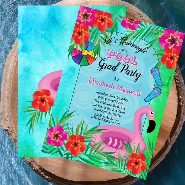Invitation Flamingle Rose Floral Graduation Pool Party (Flamingle Pink Floral Tropical Graduation Pool Party Invitation - Print and/or Digital Download)