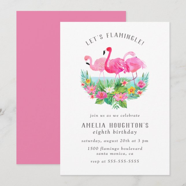 Invitation Flamingle Watercolor Flamant rose fête d'anniversa (Devant / Derrière)
