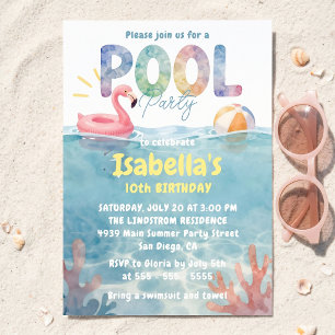 Invitation Flamingo Bleu Aquarelle Flotteur Fête Enfant Pisci