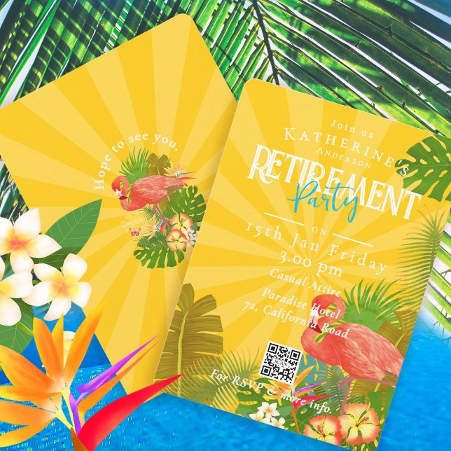 Invitation Flamingo Florida Tropical Yellow Retirement (Flamingo Tropical Retirement Party Invitation Card.)