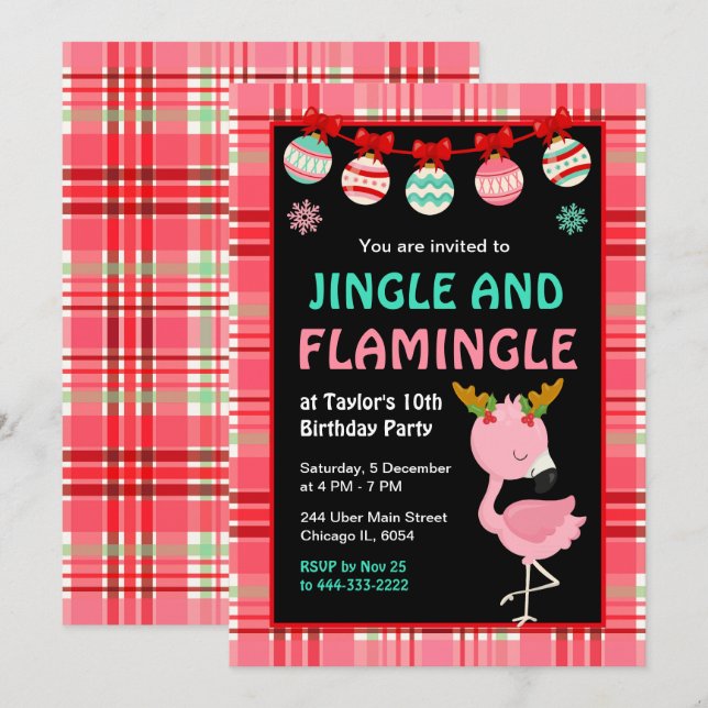 Invitation Flamingo Holiday Birthday Party (Devant / Derrière)