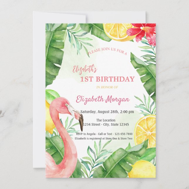 Invitation Flamingo Premier Anniversaire Aquarelle Été (Devant)