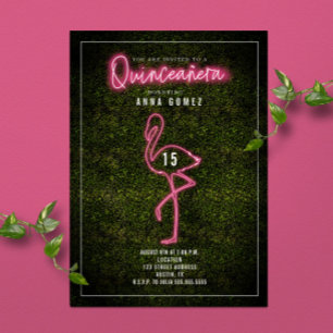 Invitation Flamingo Quinceañera Lumières Néon Rose Boîte de B