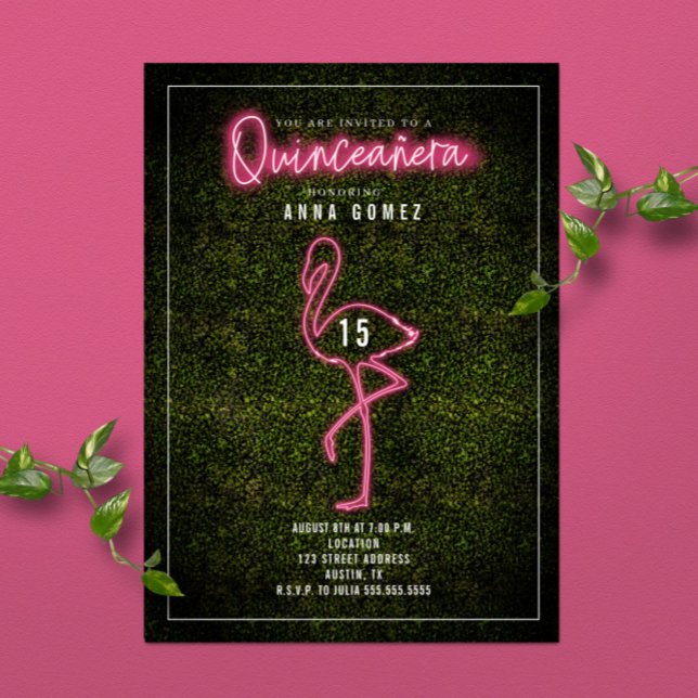Invitation Flamingo Quinceañera Rose Néon Lumières Buis (Créateur téléchargé)