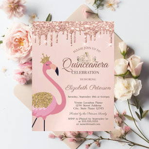 Invitation Flamingo rose, Diadème, Gouttes de rose doré pour