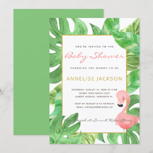 Invitation Flamingo rose tropical baby shower avec feuilles v