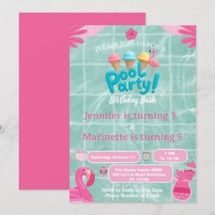 Invitation  Flamingo Splash  fête de piscine anniversaire enf