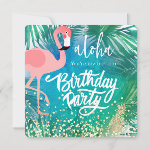 Invitation flamingo sur plan bleu tropical
