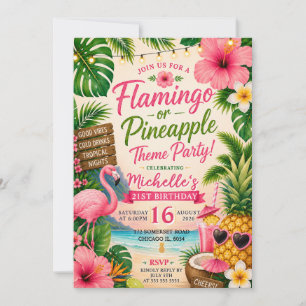Invitation Flamingo Tropical Anniversaire 21 ans d'Ananas