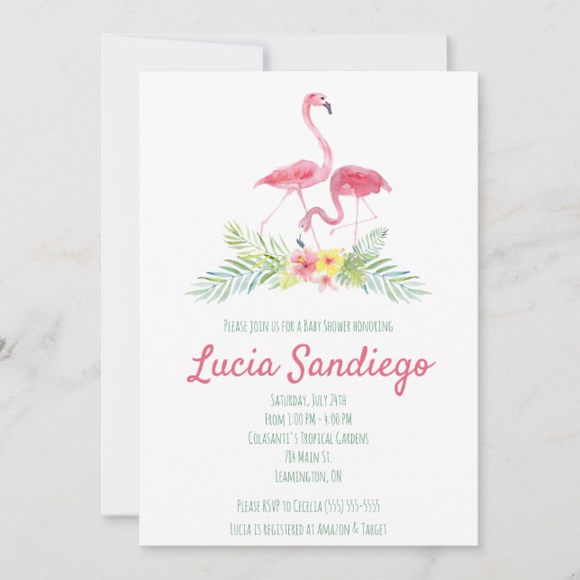 Invitation Flamingo tropical, baby shower à thème hibiscus (Devant)