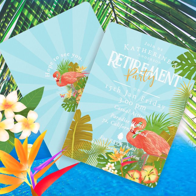Invitation Flamingo Tropical Blue Retirement  (Flamingo Tropical Retirement Party Invitation Card.)
