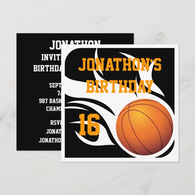 Invitation Flamme Basketball Birthday BW Party (Devant / Derrière)