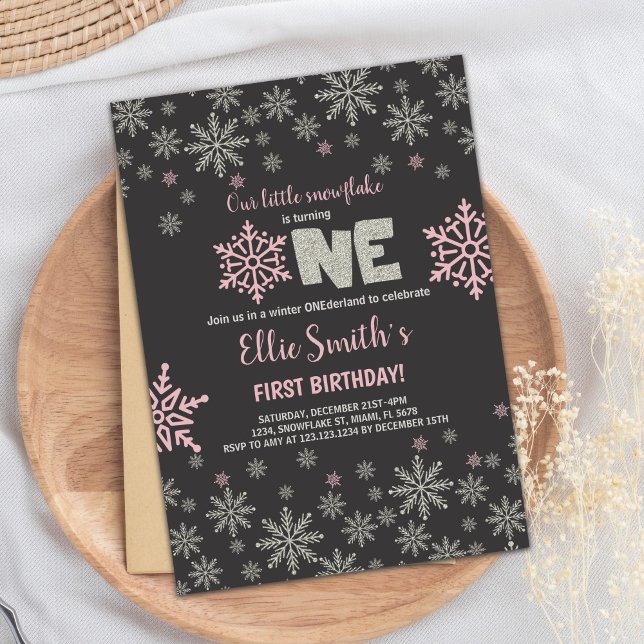 Invitation Flamme de neige 1er anniversaire fille (Pink Silver Glitter Onederland Birthday Invitation)