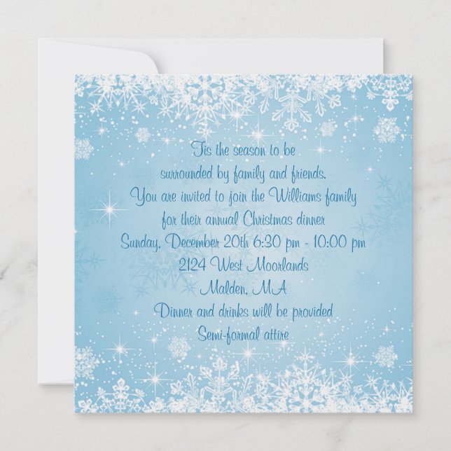 Invitation Flamme de neige blanche à la fête de Noël bleue (Devant)
