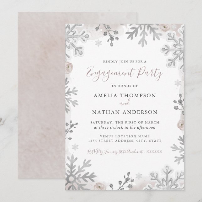 Invitation Flamme de neige d'hiver Fête d'engagement Silver B (Devant / Derrière)
